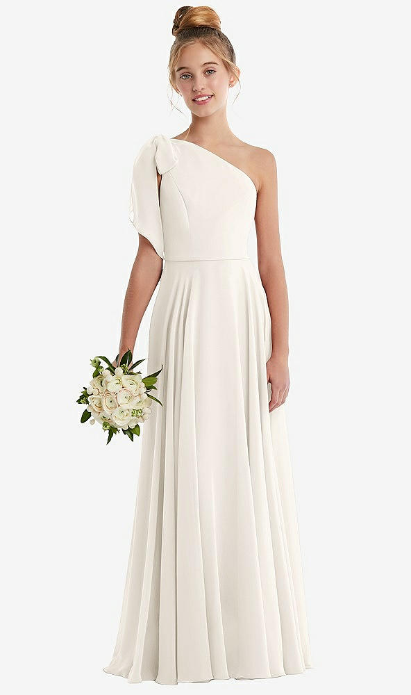 Front View - Ivory One-Shoulder Scarf Bow Chiffon Junior Bridesmaid Dress