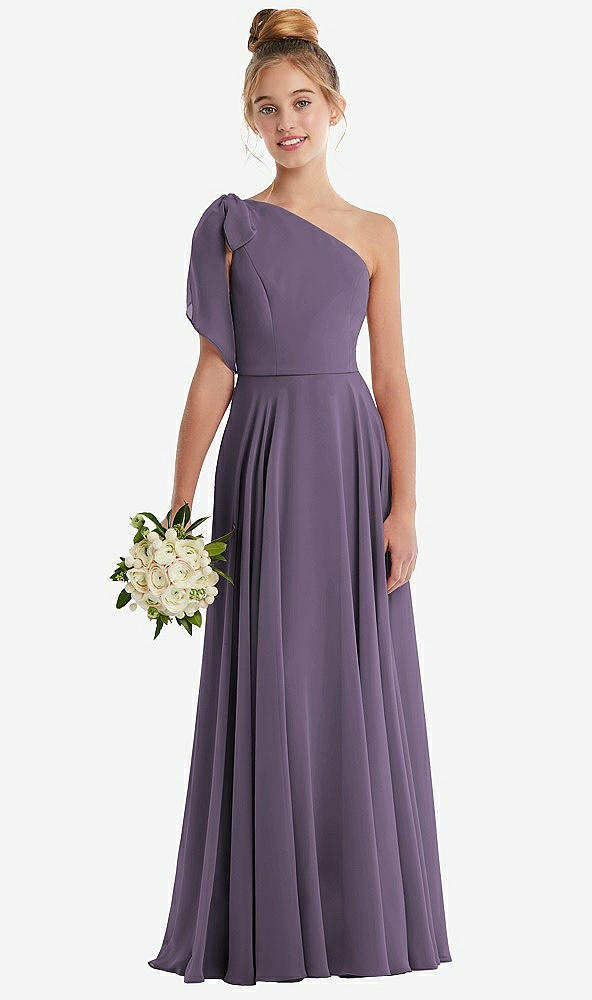 Front View - Lavender One-Shoulder Scarf Bow Chiffon Junior Bridesmaid Dress