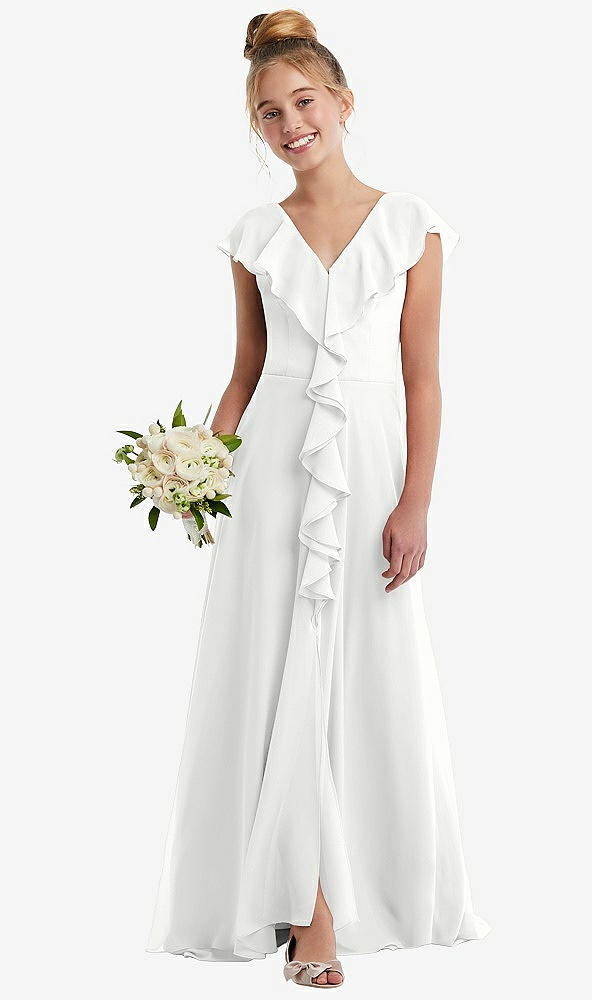 Front View - White Cascading Ruffle Full Skirt Chiffon Junior Bridesmaid Dress