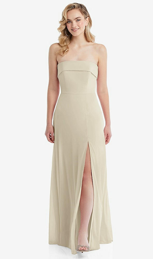 Front View - Champagne Cuffed Strapless Maxi Dress with Front Slit