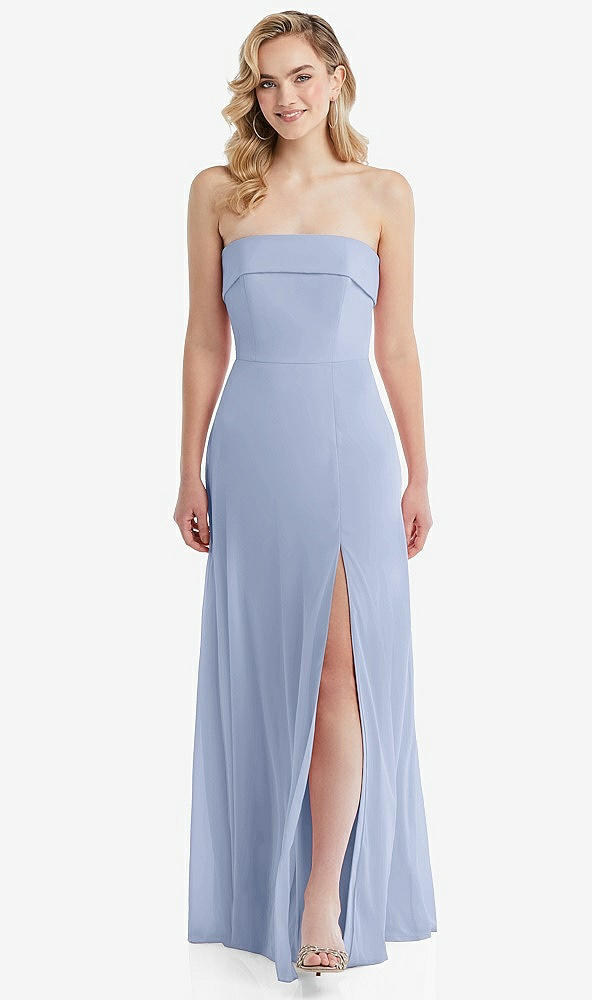 Front View - Sky Blue Cuffed Strapless Maxi Dress with Front Slit