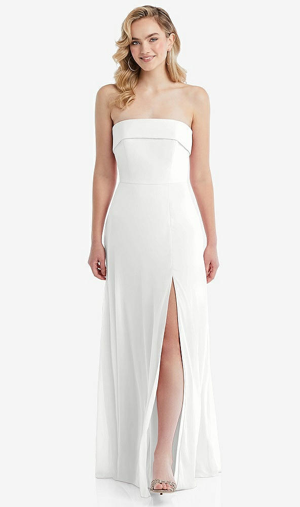 Front View - White Cuffed Strapless Maxi Dress with Front Slit
