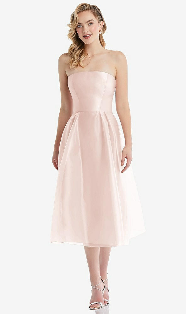 Front View - Blush Strapless Pleated Skirt Organdy Midi Dress