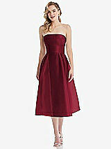 Front View Thumbnail - Burgundy Strapless Pleated Skirt Organdy Midi Dress