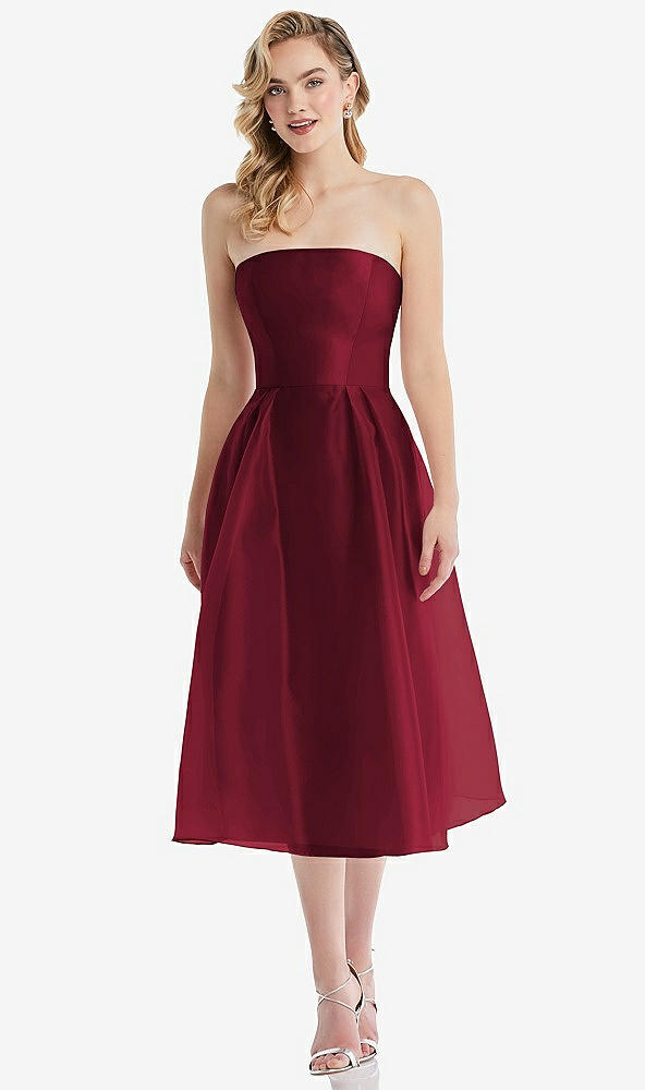 Front View - Burgundy Strapless Pleated Skirt Organdy Midi Dress