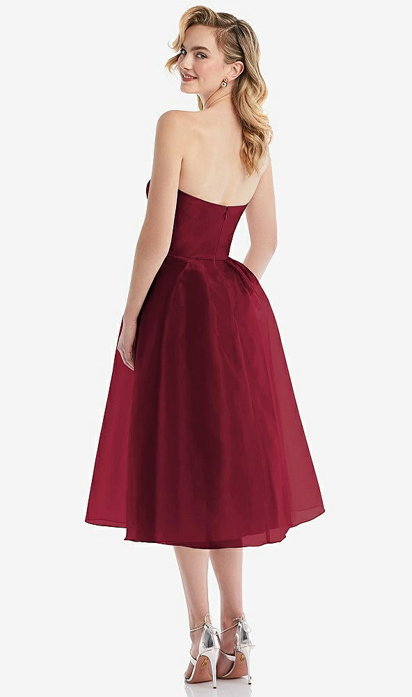 Back View - Burgundy Strapless Pleated Skirt Organdy Midi Dress