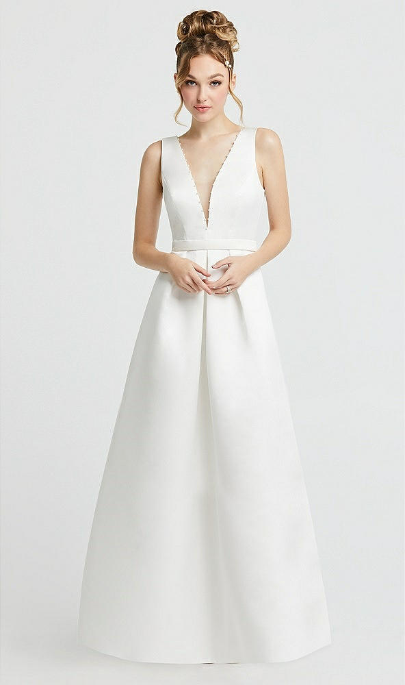 Front View - Off White Pearl-Trimmed Deep V-Neck Satin Wedding Dress with Pockets