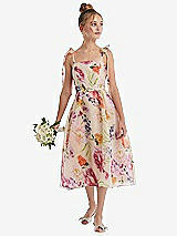Front View Thumbnail - Penelope Floral Print Pink Floral Tie Shoulder Full Pleated Skirt Junior Bridesmaid Dress