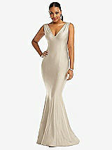 Front View Thumbnail - Champagne Shirred Shoulder Stretch Satin Mermaid Dress with Slight Train