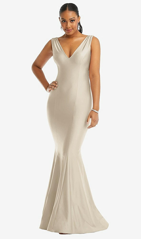 Front View - Champagne Shirred Shoulder Stretch Satin Mermaid Dress with Slight Train