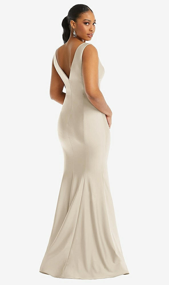 Back View - Champagne Shirred Shoulder Stretch Satin Mermaid Dress with Slight Train
