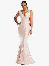 Front View Thumbnail - Ivory Shirred Shoulder Stretch Satin Mermaid Dress with Slight Train