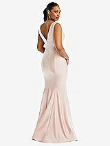 Rear View Thumbnail - Ivory Shirred Shoulder Stretch Satin Mermaid Dress with Slight Train