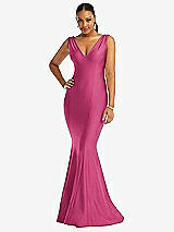 Front View Thumbnail - Tea Rose Shirred Shoulder Stretch Satin Mermaid Dress with Slight Train