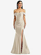 Front View Thumbnail - Champagne Off-the-Shoulder Corset Stretch Satin Mermaid Dress with Slight Train