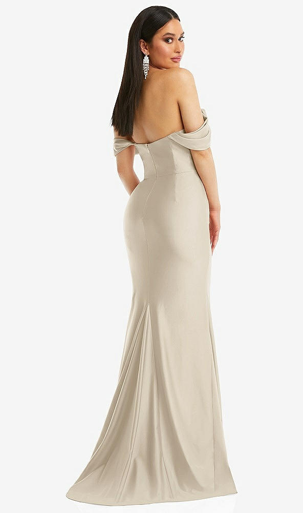Back View - Champagne Off-the-Shoulder Corset Stretch Satin Mermaid Dress with Slight Train