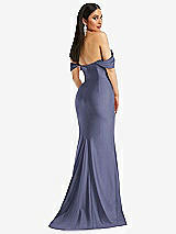 Rear View Thumbnail - French Blue Off-the-Shoulder Corset Stretch Satin Mermaid Dress with Slight Train