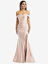 Front View Thumbnail - Ivory Off-the-Shoulder Corset Stretch Satin Mermaid Dress with Slight Train