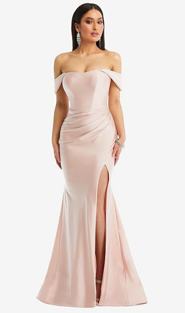 Front View - Ivory Off-the-Shoulder Corset Stretch Satin Mermaid Dress with Slight Train