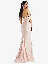 Rear View Thumbnail - Ivory Off-the-Shoulder Corset Stretch Satin Mermaid Dress with Slight Train