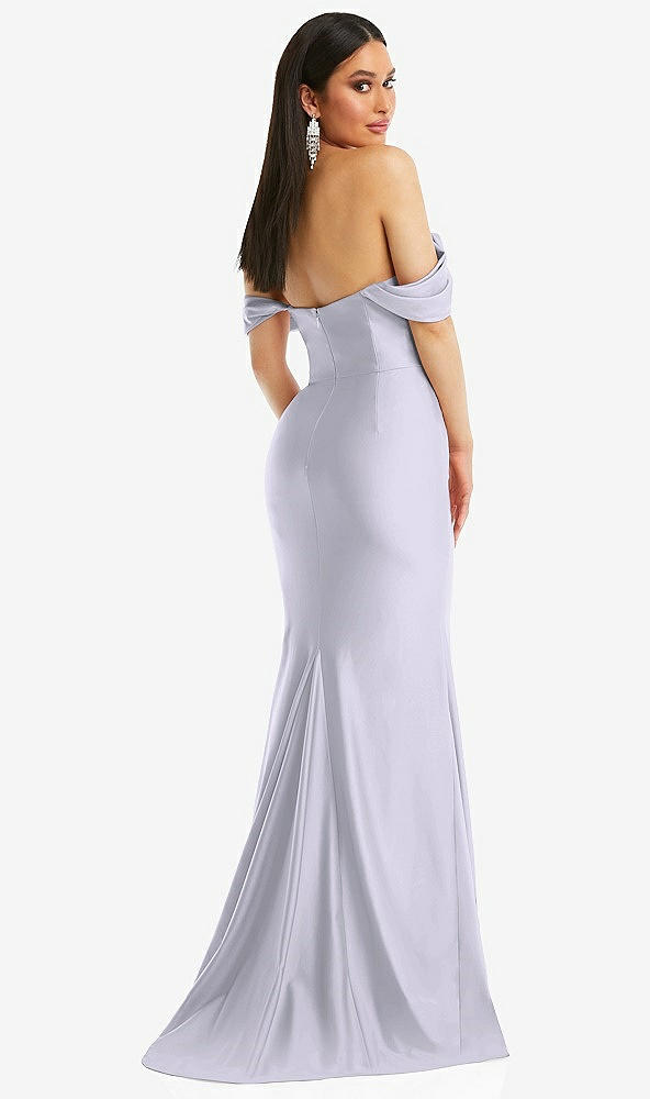 Back View - Silver Dove Off-the-Shoulder Corset Stretch Satin Mermaid Dress with Slight Train