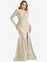Front View Thumbnail - Champagne Long Sleeve Draped Wrap Stretch Satin Mermaid Dress with Slight Train