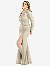Side View Thumbnail - Champagne Long Sleeve Draped Wrap Stretch Satin Mermaid Dress with Slight Train