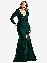 Front View Thumbnail - Evergreen Long Sleeve Draped Wrap Stretch Satin Mermaid Dress with Slight Train