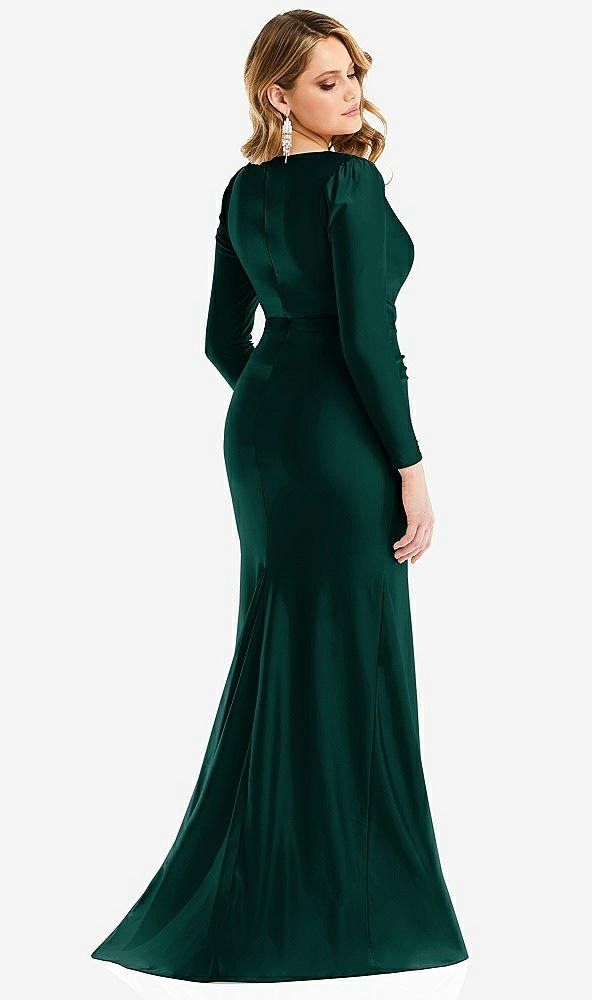 Back View - Evergreen Long Sleeve Draped Wrap Stretch Satin Mermaid Dress with Slight Train