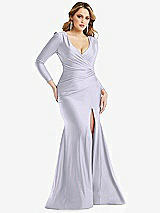 Front View Thumbnail - Silver Dove Long Sleeve Draped Wrap Stretch Satin Mermaid Dress with Slight Train