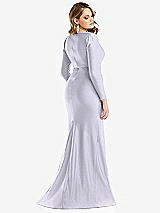 Rear View Thumbnail - Silver Dove Long Sleeve Draped Wrap Stretch Satin Mermaid Dress with Slight Train