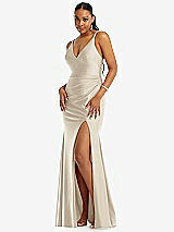 Front View Thumbnail - Champagne Deep V-Neck Stretch Satin Mermaid Dress with Slight Train