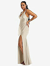Side View Thumbnail - Champagne Deep V-Neck Stretch Satin Mermaid Dress with Slight Train