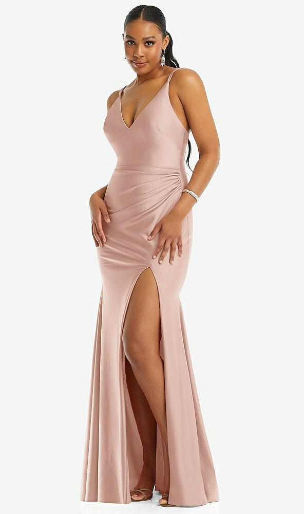 Front View - Toasted Sugar Deep V-Neck Stretch Satin Mermaid Dress with Slight Train