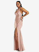 Side View Thumbnail - Toasted Sugar Deep V-Neck Stretch Satin Mermaid Dress with Slight Train