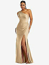 Front View Thumbnail - Soft Gold One-Shoulder Asymmetrical Cowl Back Stretch Satin Mermaid Dress