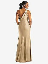 Rear View Thumbnail - Soft Gold One-Shoulder Asymmetrical Cowl Back Stretch Satin Mermaid Dress