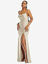 Alt View 1 Thumbnail - Champagne Cowl-Neck Open Tie-Back Stretch Satin Mermaid Dress with Slight Train