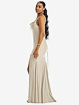 Side View Thumbnail - Champagne Cowl-Neck Open Tie-Back Stretch Satin Mermaid Dress with Slight Train