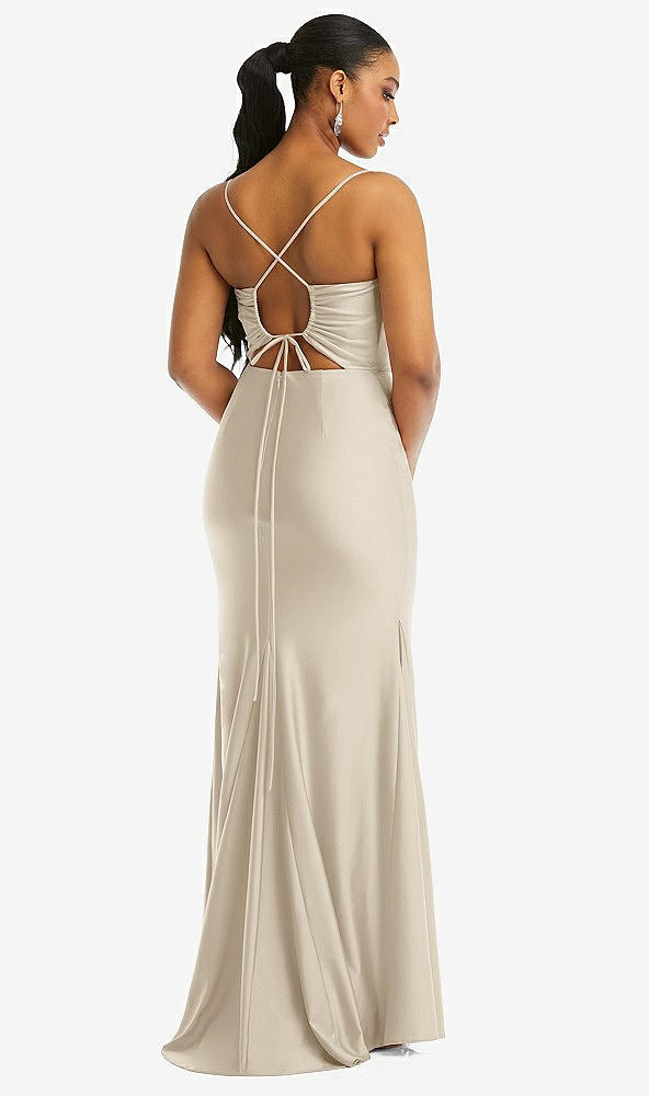 Back View - Champagne Cowl-Neck Open Tie-Back Stretch Satin Mermaid Dress with Slight Train