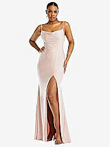 Front View Thumbnail - Ivory Cowl-Neck Open Tie-Back Stretch Satin Mermaid Dress with Slight Train