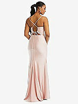 Rear View Thumbnail - Ivory Cowl-Neck Open Tie-Back Stretch Satin Mermaid Dress with Slight Train
