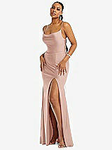 Alt View 1 Thumbnail - Toasted Sugar Cowl-Neck Open Tie-Back Stretch Satin Mermaid Dress with Slight Train