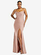 Front View Thumbnail - Toasted Sugar Cowl-Neck Open Tie-Back Stretch Satin Mermaid Dress with Slight Train