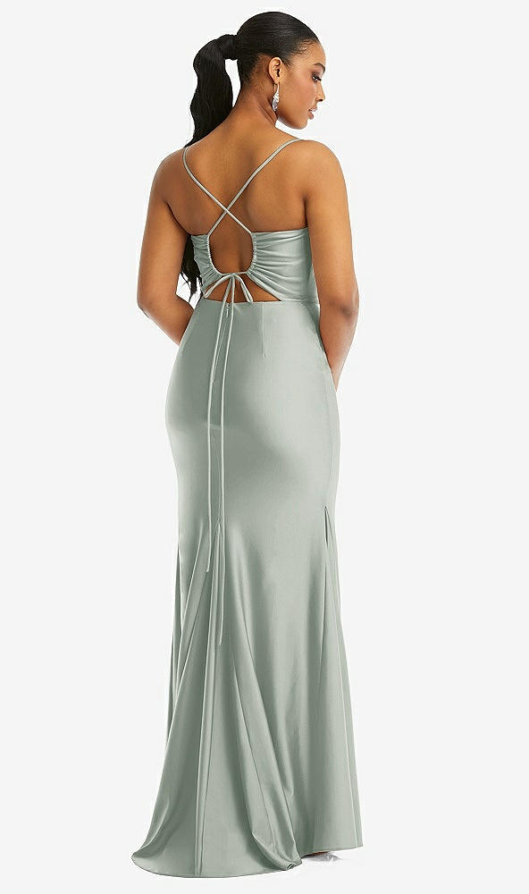 Back View - Willow Green Cowl-Neck Open Tie-Back Stretch Satin Mermaid Dress with Slight Train