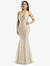 Front View Thumbnail - Champagne Plunge Neckline Cutout Low Back Stretch Satin Mermaid Dress
