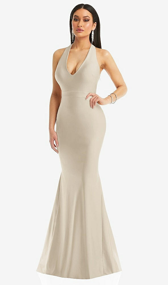 Front View - Champagne Plunge Neckline Cutout Low Back Stretch Satin Mermaid Dress
