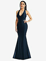 Front View Thumbnail - Midnight Navy Plunge Neckline Cutout Low Back Stretch Satin Mermaid Dress
