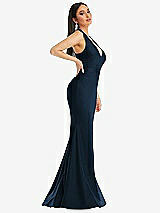 Side View Thumbnail - Midnight Navy Plunge Neckline Cutout Low Back Stretch Satin Mermaid Dress
