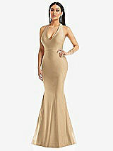 Front View Thumbnail - Soft Gold Plunge Neckline Cutout Low Back Stretch Satin Mermaid Dress